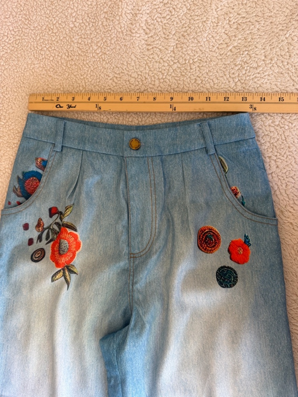 Boho Embroidered Fringe Wide-Leg Jeans in Light Denim ( Country) - Picture 3 of 4